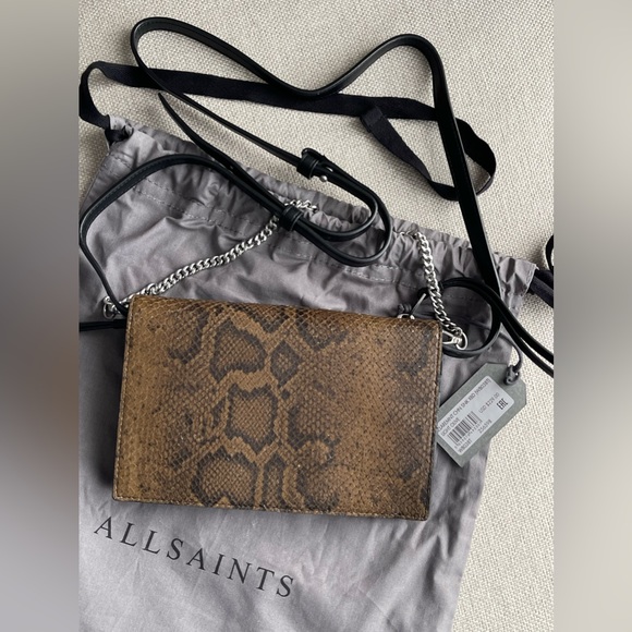 New All Saints Claremount Leather Chain Snake Crossbody Bag In Light Olive - Picture 13 of 13